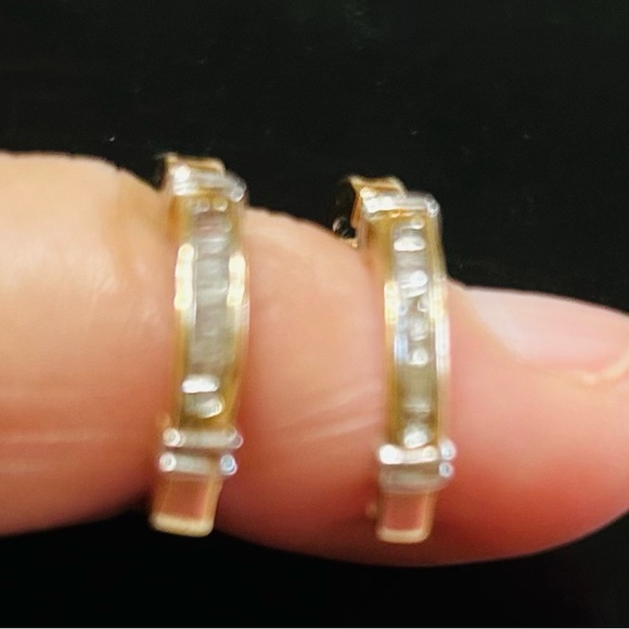 Diamond, 14k gold ear hugging earrings.  White gold accent bars. - Picture 6 of 7